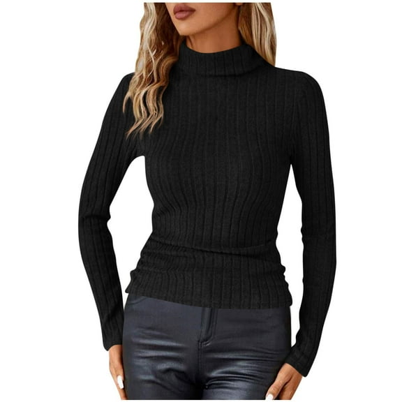 Hxshgdsn Turtleneck Ribbed Sweaters For Women Slim Fit Long Sleeve Pullover Tops Casual Warmwear Black L