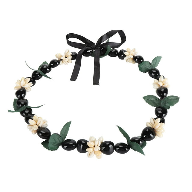 Graduación Hawaiana Collar de Flores de Leis de Nuez de Kukui Negra Pajarita de Cinta, Cierre de Cuentas de Concha de Corazón de Acrílico para justable para accesorios