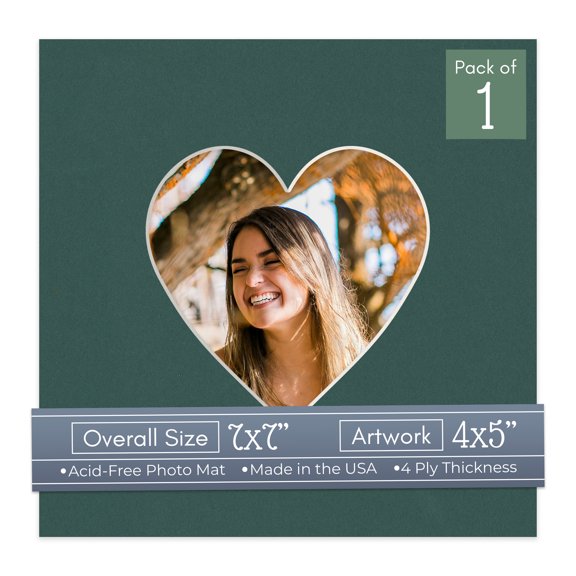Forest Green Picture Frame Mat for 7x7 Frames - Heart Opening for 4x5 Photos - 1 Mat