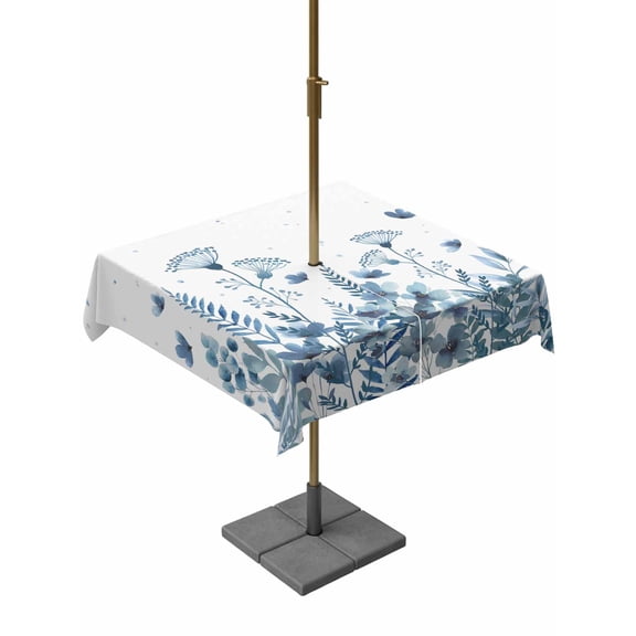 Outdoor Tablecloth with Umbrella Hole and Zipper, Blue Spring Floral Square Table Cloth 60x60 Inch Waterproof Tablecloth, Watercolor Elegant Pastoral Flowers Picnic Table Cover for Patio Camping