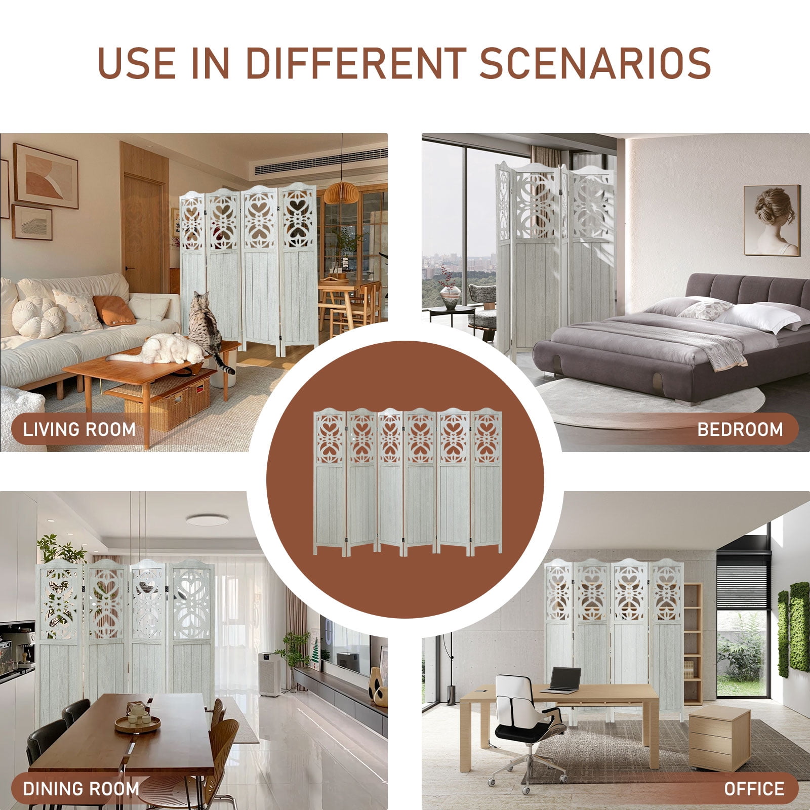 Aletheiawu 4 Panel Wood Room Dividers and Folding Screens, No Installation Required, Rustic White