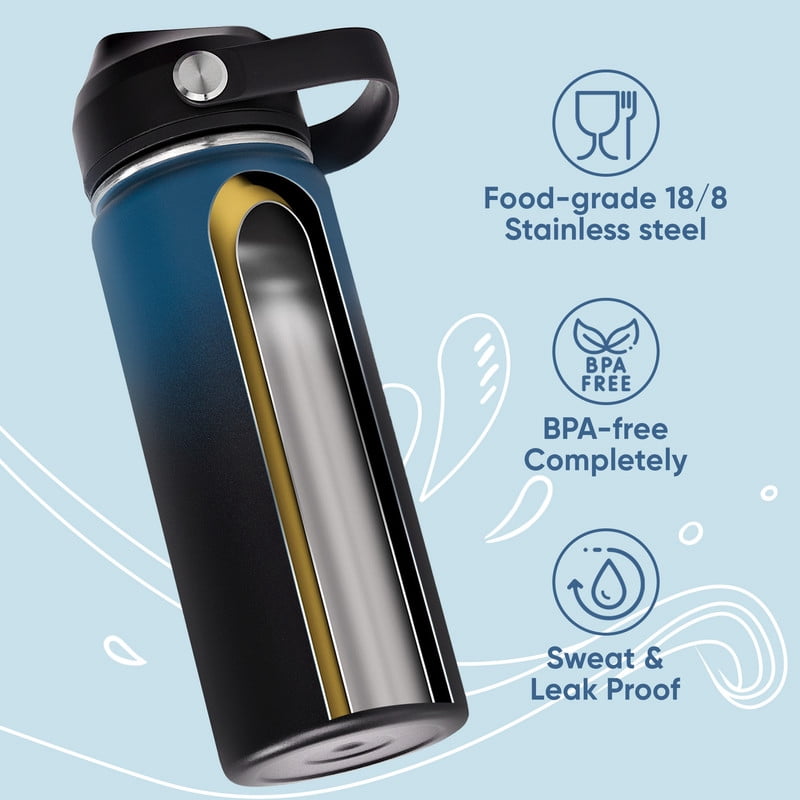 Daluvenix Stainless Steel Water Bottle with Straw Lid, 18oz Vacuum Insulated Water Bottles for Sports, Travel, Black (4 Pack)