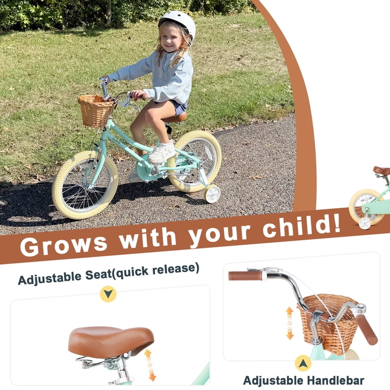Glerc Retro 16'' Preschool Kids Bike, Training Wheels, Mint Green