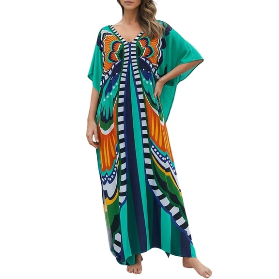 XIAOCHA Butterfly Print Kaftan Dress for Women Oversized Flowy Batwing Sleeve V Neck Maxi Dress Airy Bold Beach Dresses