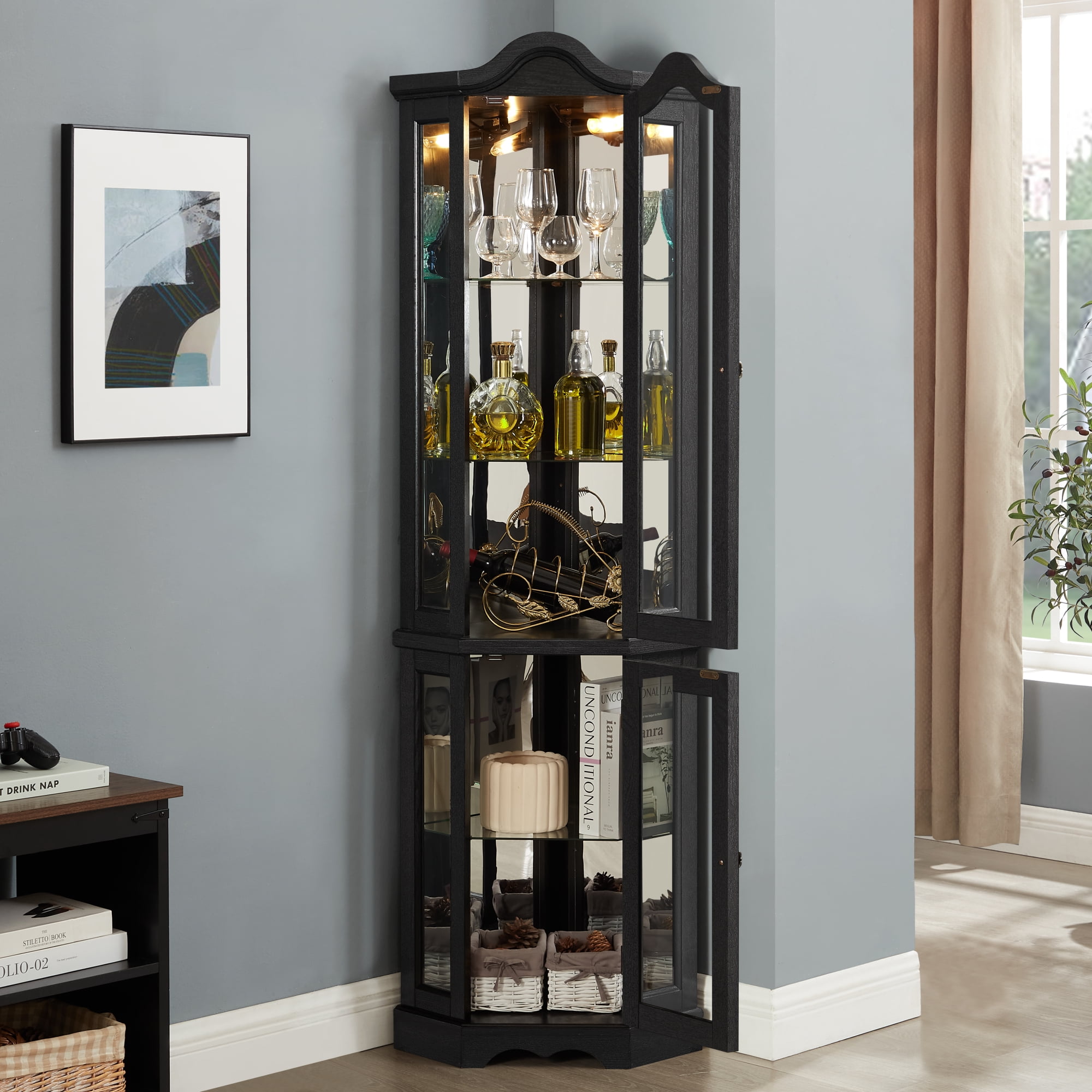 Leumius Curio Cabinet Lighted Glass Display Curio Cabinet with Tempered Glass Doors and Shelves, Crown Corner Cabinet with Bulb, Corner Storage Decoration for Living Room and Bedroom Black