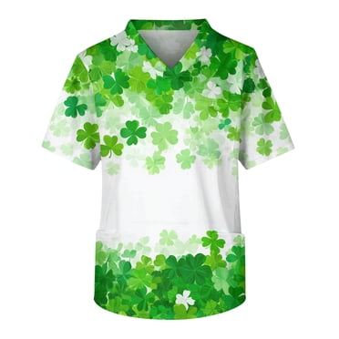 Fgvctg Mens St. Patrick's Day Scrub Tops V Neck Cute Shamrock Print Scrub Tops Soft Workwear Short Sleeve T Shirts Loose Scrubs Work Shirt Medical Nursing Uniform with Pockets Fluorescent Green L