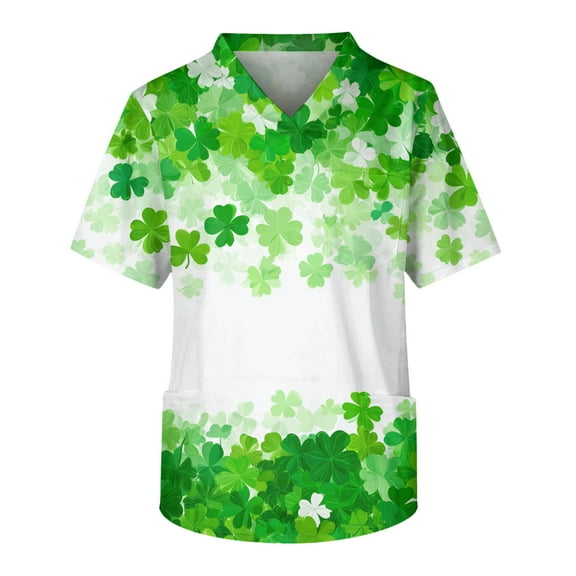 Fgvctg Mens St. Patrick's Day Scrub Tops V Neck Cute Shamrock Print Scrub Tops Soft Workwear Short Sleeve T Shirts Loose Scrubs Work Shirt Medical Nursing Uniform with Pockets Fluorescent Green L