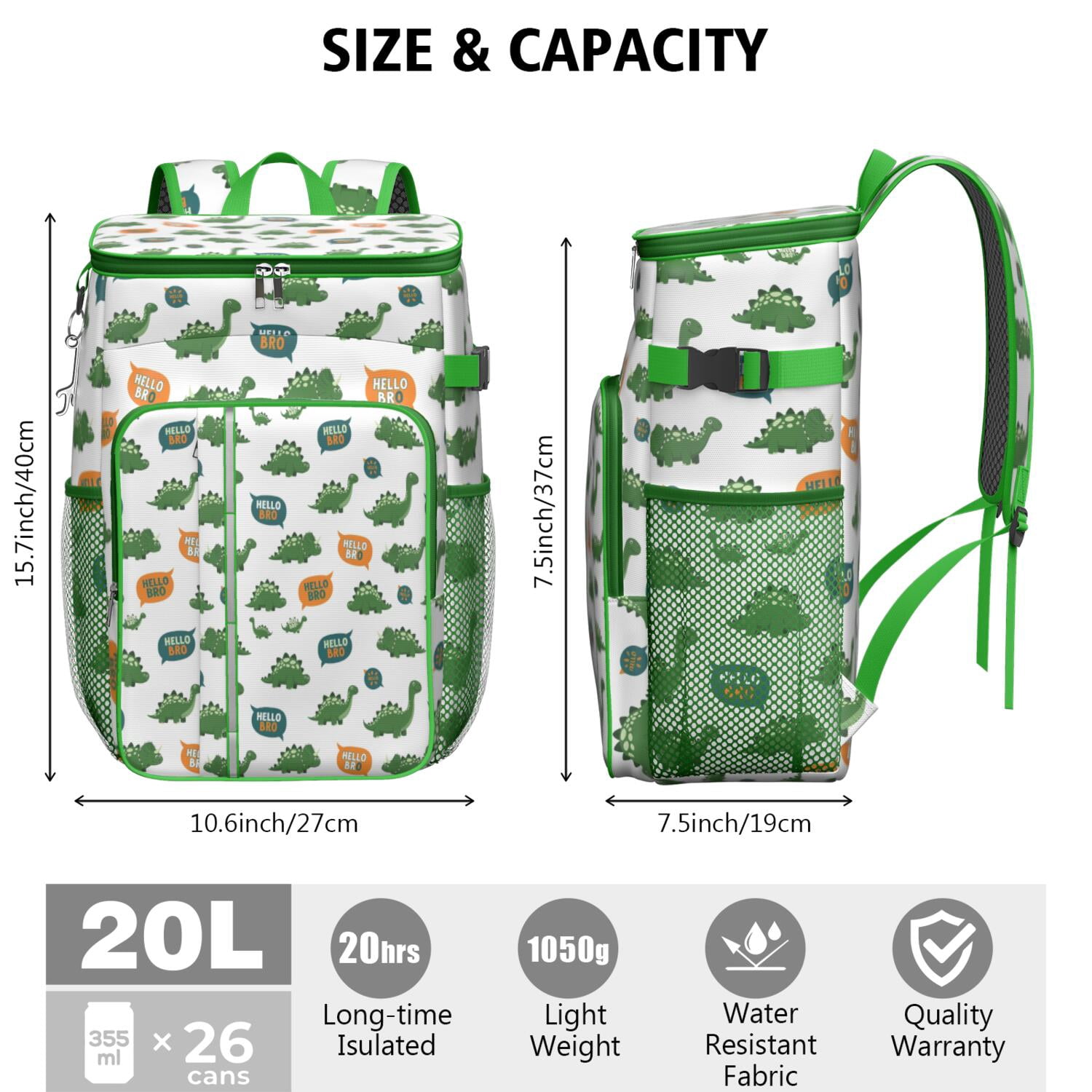 Travel Cooler Bag - White Green Dinosaurs Speech Bubbles Pattern Camping Beer Cooler Backpack with Bottle Opener- Waterproof Insulated Picnic Backpacks - Cooler Bag for Beach