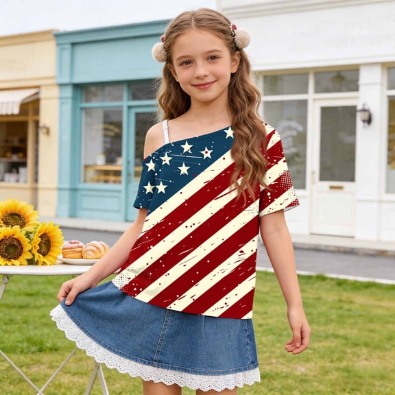 Xdegoge Vintage American Flag Shirts for Girls Distressed Graphic Print Off Shoulder Short Sleeve T Shirt Casual Loose Fourth of July Parade Patriotic Celebration Tops