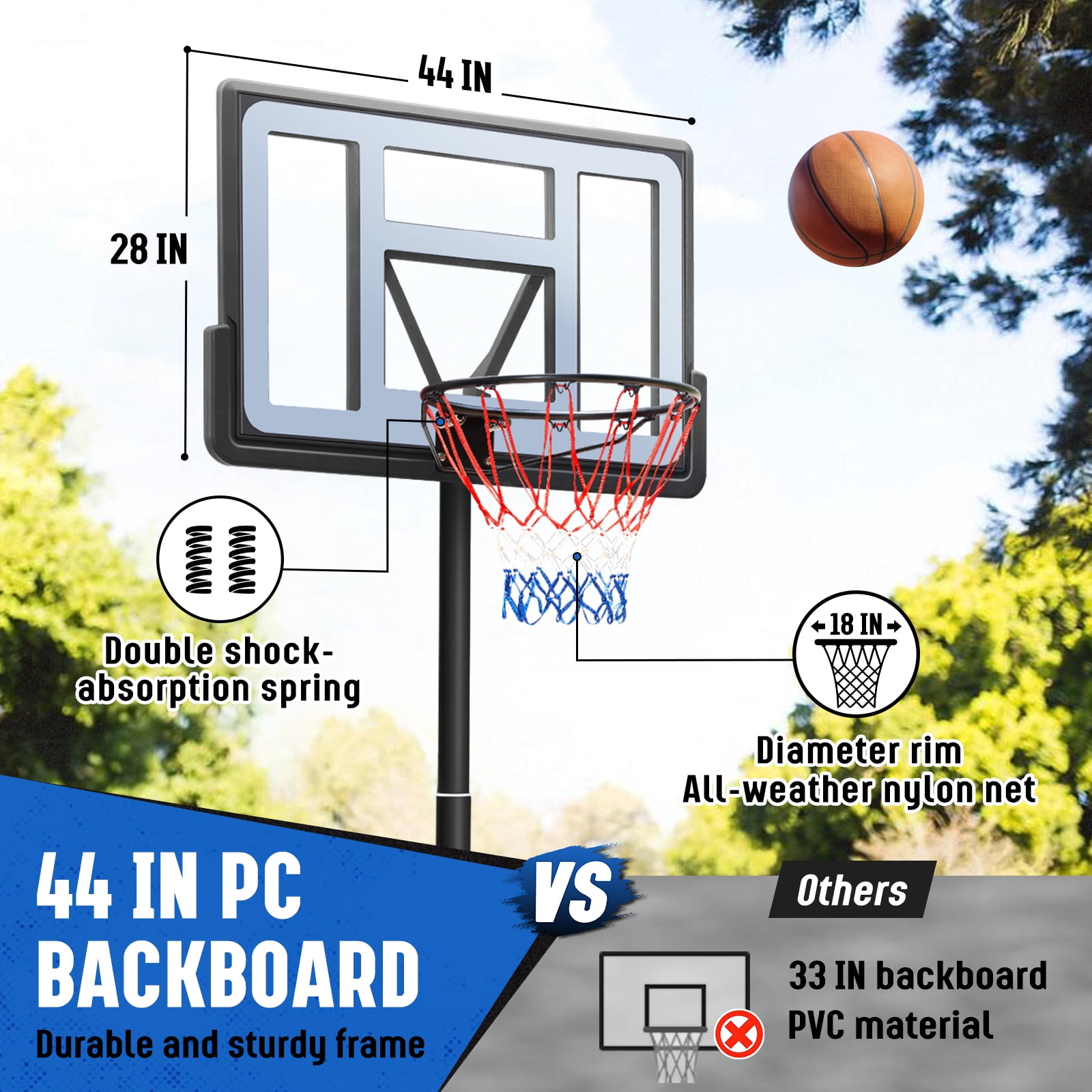 SERAY Basketball Hoop with 44 inch Backboard and 2 Wheels, Basketball Hoop Outdoor 3.8-10 feet Adjustable Height for Kids/Adults Outdoor/Indoor Sports