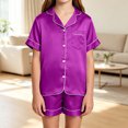 thumbnail image 6 of MKOSPLRT Big Girls 5-16 Years Solid Satin Pajama 2-Piece Set Short Sleeve Lapel Top and Shorts Soft Lightweight Sleep Outfit Gift for Tween Girls, 6 of 8
