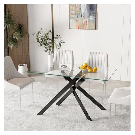 51.18" Rectangular Glass Dining Table, Tempered Glass Kitchen Tabe with Metal Legs, Stylish and Sturdy Dinner Table for Home and Outdoor Dining (Black, 51.18'')