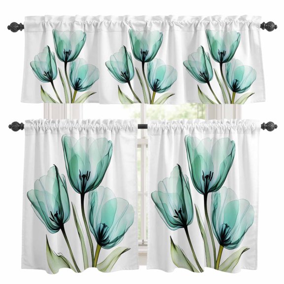 Teal Tulips Kitchen Curtains and Valances Set, Transparent Floral 3 Piece Curtains Valances and Tiers Set Rod Pocket for Kitchen Bathroom Windows 36 Inch