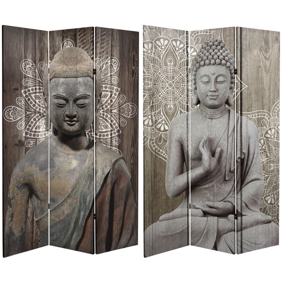 Red Lantern 6 ft. Tall Stone Buddha Canvas Room Divider – Freestanding 3 Panel Screen with High Resolution Print