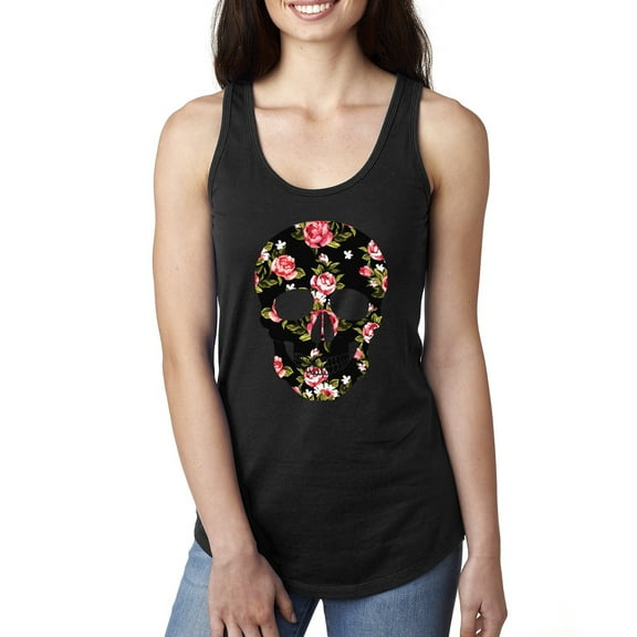Creepy Tulip Nature Floral Skull Fashion Ladies Racerback Tank Top, Black, Small