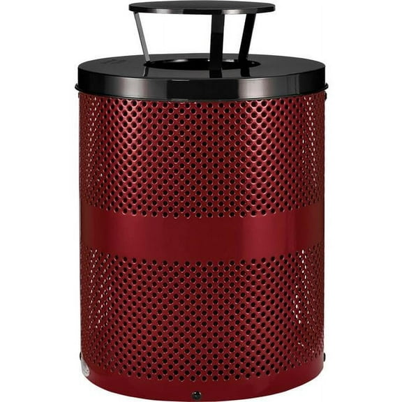 32 gal Outdoor Perforated Steel Trash Can with Rain Bonnet Lid, Red