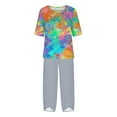 thumbnail image 4 of Lounge Sets for Women 2 Piece Tall Spring Two Piece Lounge Sets for Women 2025 Women's Casual Round Neck 5/4 Sleeve Top And Pants Digital Printing Two-piece Set, 4 of 5