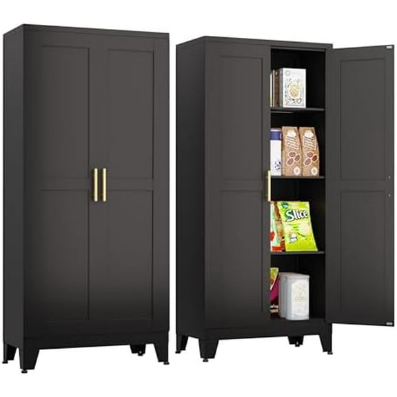 Metal Pantry Cabinet, Kitchen Storage Cabinets with 2 Doors and Adjustable Shelves for Kitchen, Living Room, Dining Room, Bathroom (Black, 61.02" H x 27.55" W x 13.78" D)