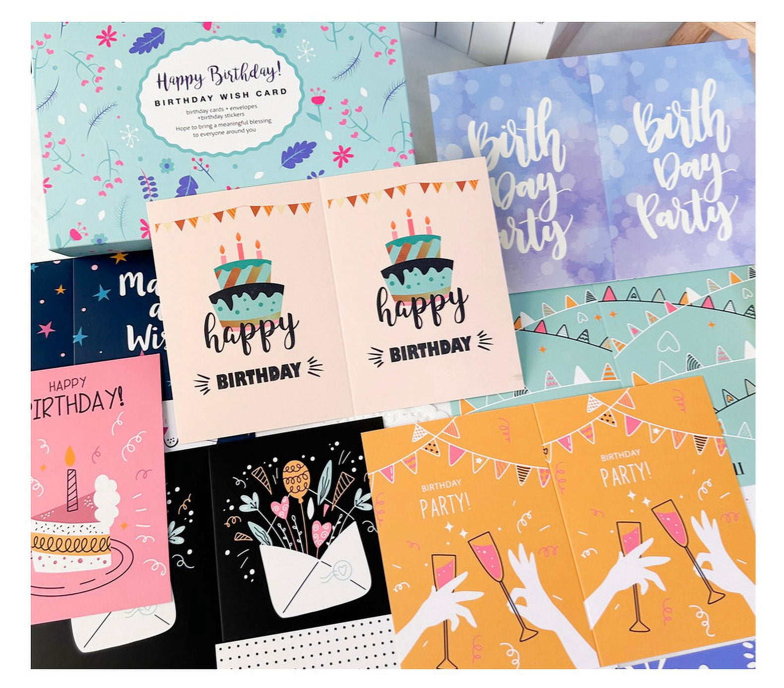 Birthday Cards with Envelopes and Stickers, Bulk Greetings Cards Perfect for Adults Children (24 Cards, 24 Envelopes, 2 Sheet Stickers)