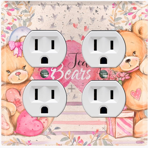 Metal Light Switch Wall Plate Outlet Cover (2 Teddy Bears Pink With Love Heart Balloon Flower - Double Duplex)