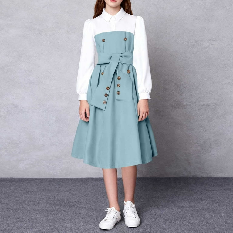 navy blue dress for baby girl Girls Jumper Dress Long Sleeve, Blue A-Line School Dress for Tweens with  Shirt Collar & Bow, Sizes 8-13 Years,Size 8-9 T