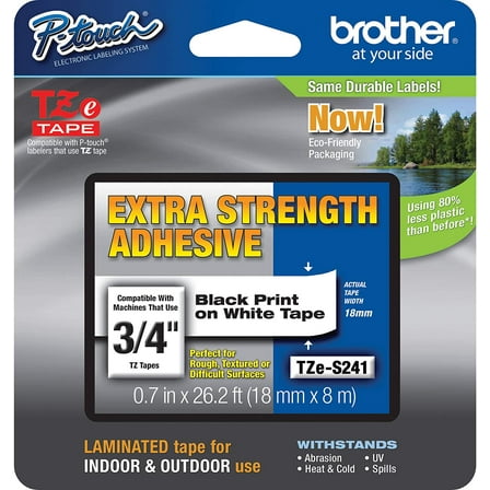 Brother Genuine P-Touch TZE-S241 Tape, 3/4" (0.7") Wide Extra-Strength Adhesive Laminated Tape, Black on White,
