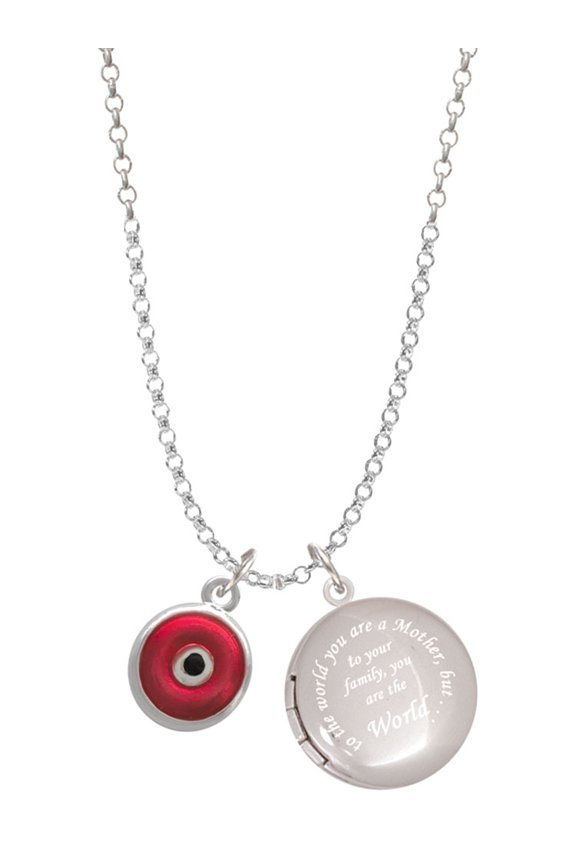 Silvertone Red Evil Eye Good Luck To the World You are a Mother Locket Necklace