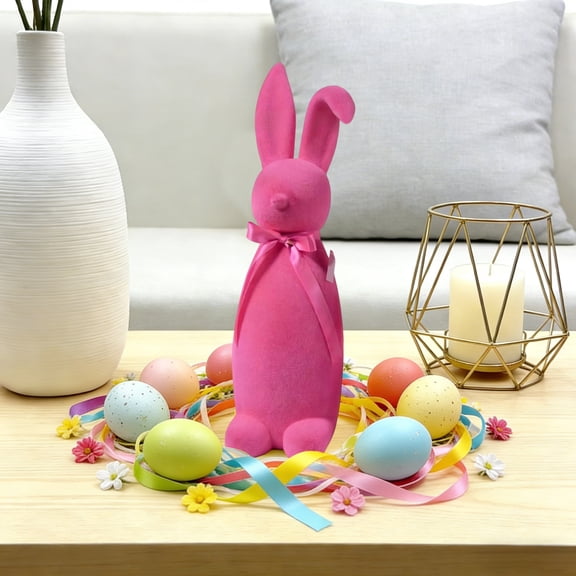 geerera Easter Decorations Flocked Bunny Figurine with Bow Tie 16" Flocking Rabbit Tabletop Mantel Decoration for Easter Centerpieces for Spring Home Office Table Decor Supplies