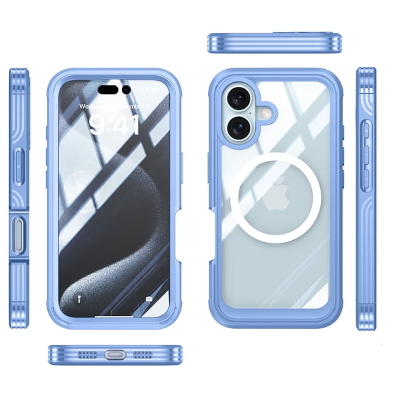 for iPhone 16 Case, [Compatible with Magsafe] Full-Body Protection Shockproof Rugged Clear Bumper Frame Case Cover with Built-in Screen Protector for iPhone 16, Blue