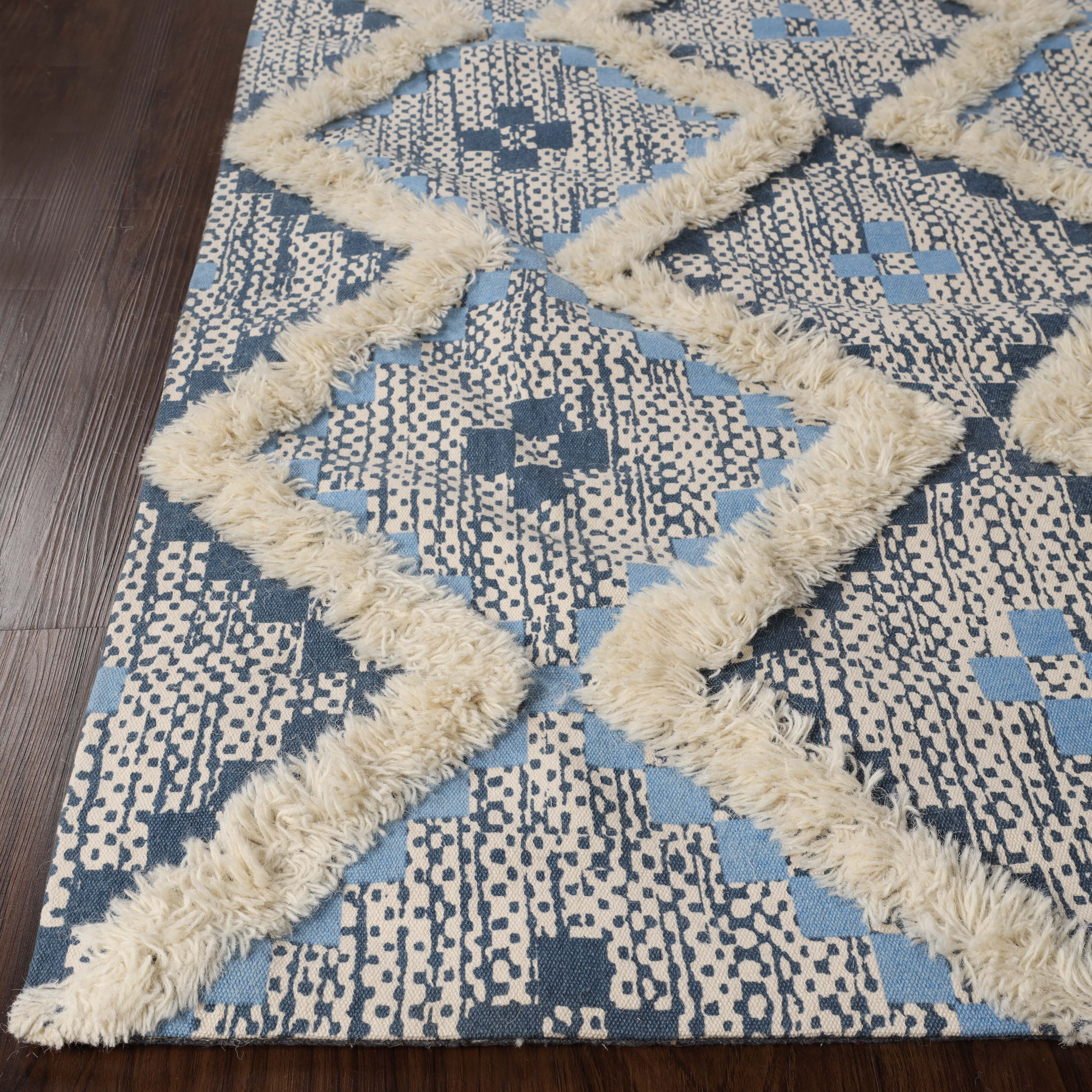 Superior Evren Hand-Tufted Cotton/Wool Textured Geometric Stone Blue/Midnight Blue Farmhouse Area Rug, 3' x 5'