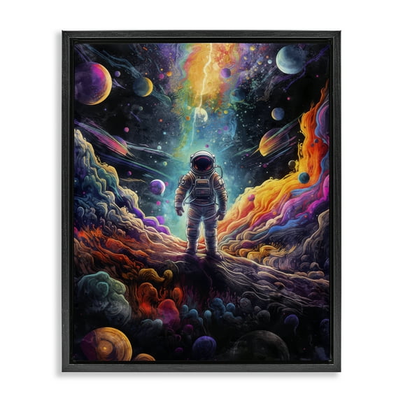 Stupell Industries Astronaut on Planet Terrain Astrology & Stars Painting Black Floater Framed Canvas Art Print Wall Art, 17 x 21