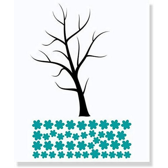 Large Black Tree Wall Decal with Blowing Teal Blue Flowers Best DIY Wall Art Living Room Decor Vinyl Art Sticker - Black/Teal