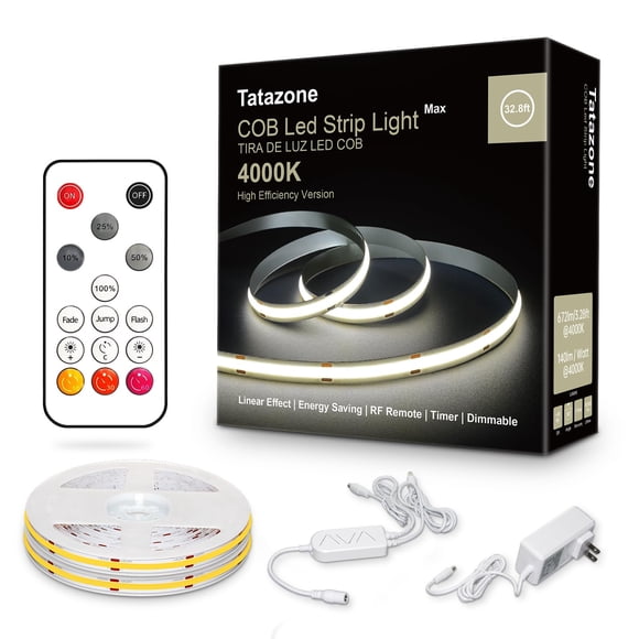 Tatazone 32.8ft 4000K White COB Led Strip Lights with Remote, Dimmable Bright Neutral White COB Light Strip, Indoor COB Led Light