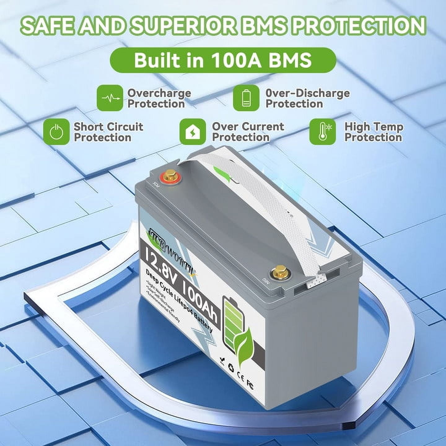 2Pack 12V 100Ah LiFePO4 Lithium Battery,TCBWORTH for RV,Trolling Motor,Solar,Marine,100A BMS,Group 31 Battery,15000+Deep Cycles