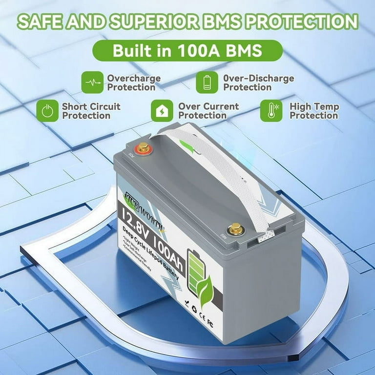 TCBWORTH 4Pack 12V 100Ah LiFePO4 Lithium Battery with 100A BMS for