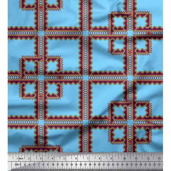 Soimoi Blue Cotton Duck Fabric Square Geometric Print Fabric by the Yard 42 Inch Wide