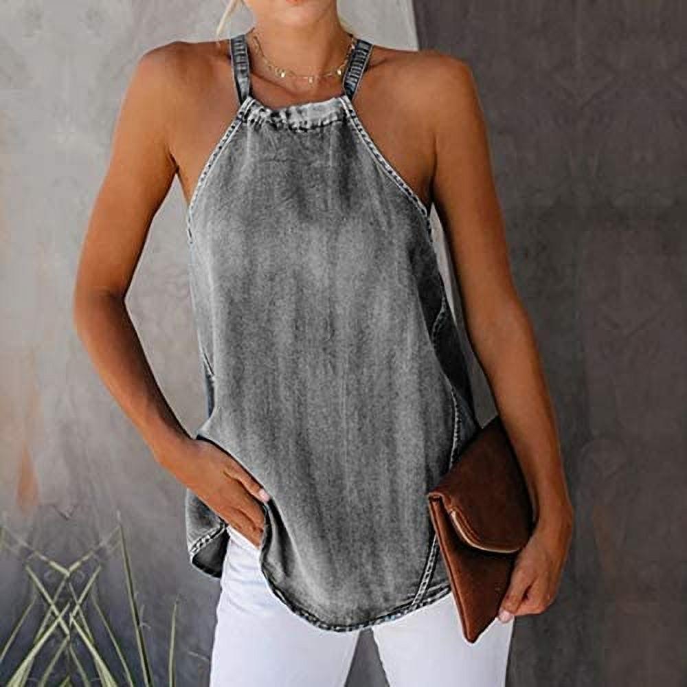 Women Lady Sexy Halter Denim Vest Summer Sleeveless Casual Off-shoulder Backless Lace Tank Tops - image 3 of 5