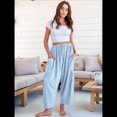 thumbnail image 4 of Pantalones Palazzo Harem Informales Holgados con Cordón para Mujer, para Verano, Playa, Viajes, Vacaciones, con Bolsillos. Azul L, 4 of 7