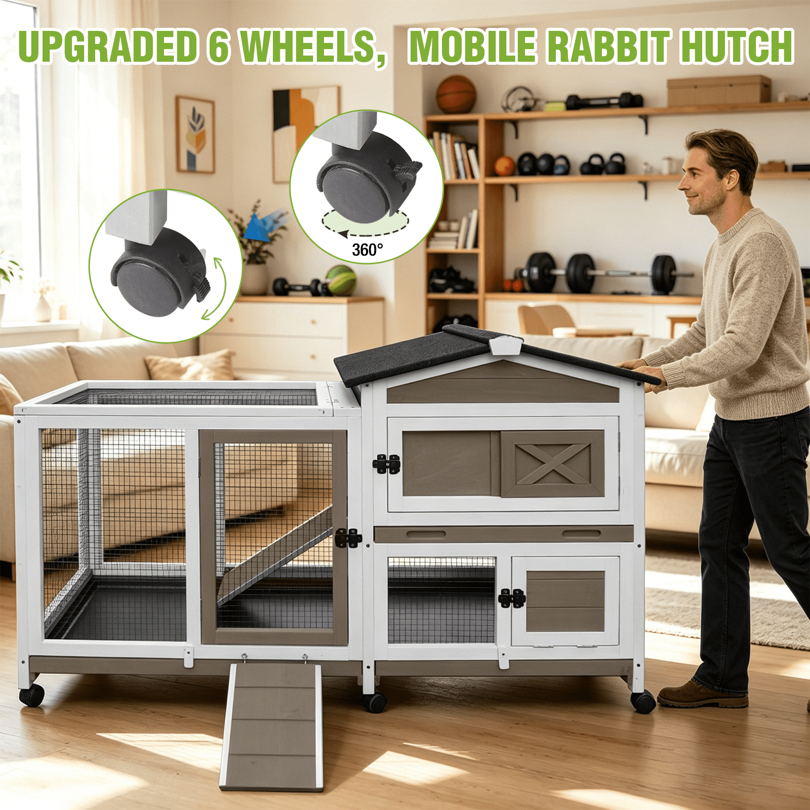 Aivituvin 55.2" Rabbit Hutch Indoor Outdoor, 2-Story Bunny Cage with Chew-Proof Full Metal Frame, 6 Locking Casters, 2 Pull-Out Trays for Rabbits Guinea Pigs Small Pets
