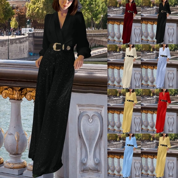 FRSASU Sequins Jumpsuit for Women Long Sleeve Sparkly Jumper V Neck Belted Wide Leg Pants Sets Evening Party Jumpsuit Yellow