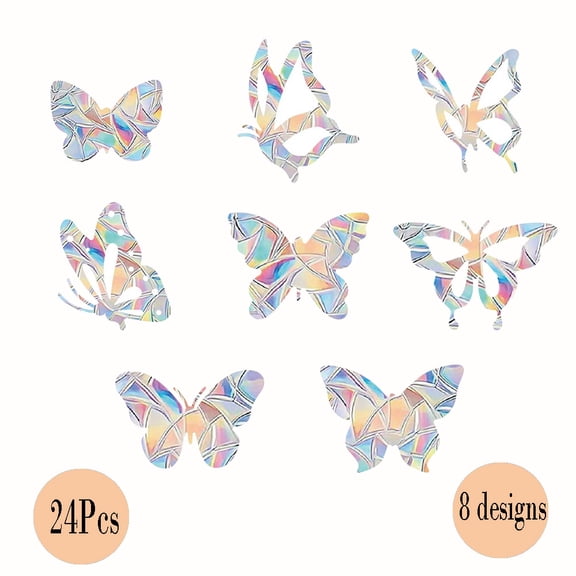 24Pcs Butterfly Shape Anti-Collision Window Decals to Save Birds From Windows Collisions, Sun Catcher Stickers Non Adhesive Rainbow Prismatic Vinyl Window Clings Labels