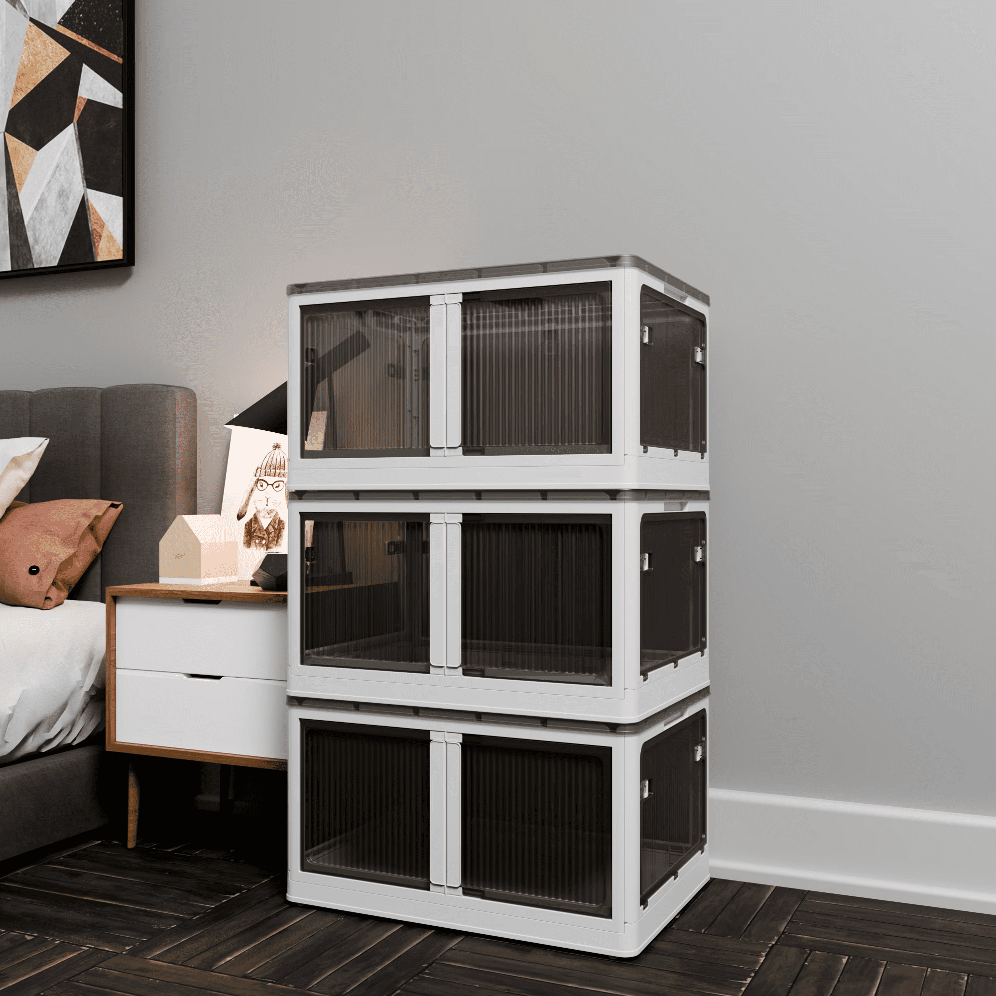 384QT 3-Pack Transparent Stackable Storage Bins with 5 Doors to Open with Wheels, Folding Plastic Craft Containers Large Closet Organizers Box for Bedrooms Living Rooms Study Kids' Toys, White