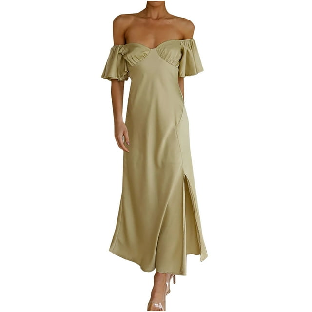 Robes de Bal pour Femmes à Volants Manches Courtes Sans Bretelles Robe Maxi en Satin Fendue Élégante Formelle Cocktail Soirée