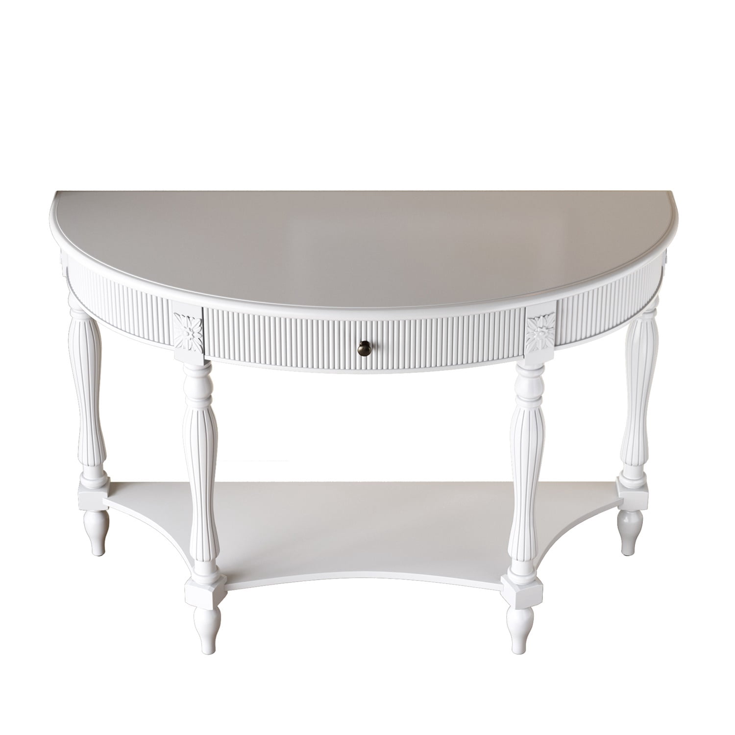 Hommoo Solid Wood Half Moon Console Table with Drawer & Open Shelf, Vintage Fluted Entryway Table for Hallway, Foyer, Living Room, Sofa Table with Roman Column Carved Legs, White