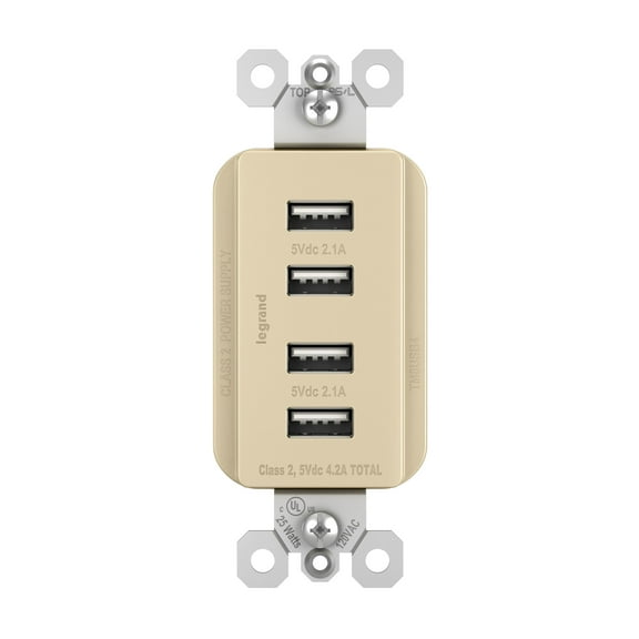 Legrand-Pass & Seymour TM8USB4ICC6 Quad USB Charger 4.2A Electrical Outlet, Ivory