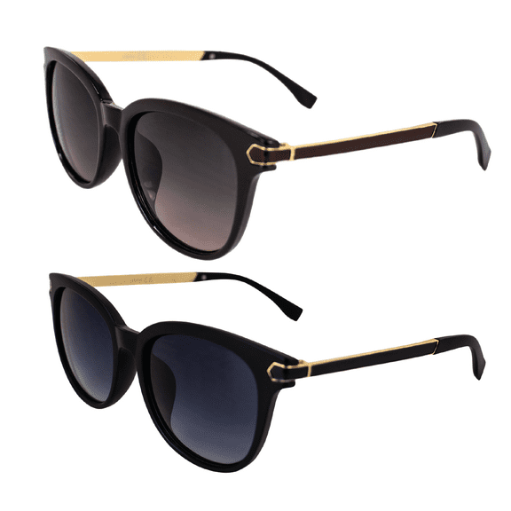 AlterImage Allure Fashion Retro Sunglasses for Women 2 Pair Black & Brown Frames w/ Dual-Color Metal Temples & Gradient Smoke & Brown Lenses