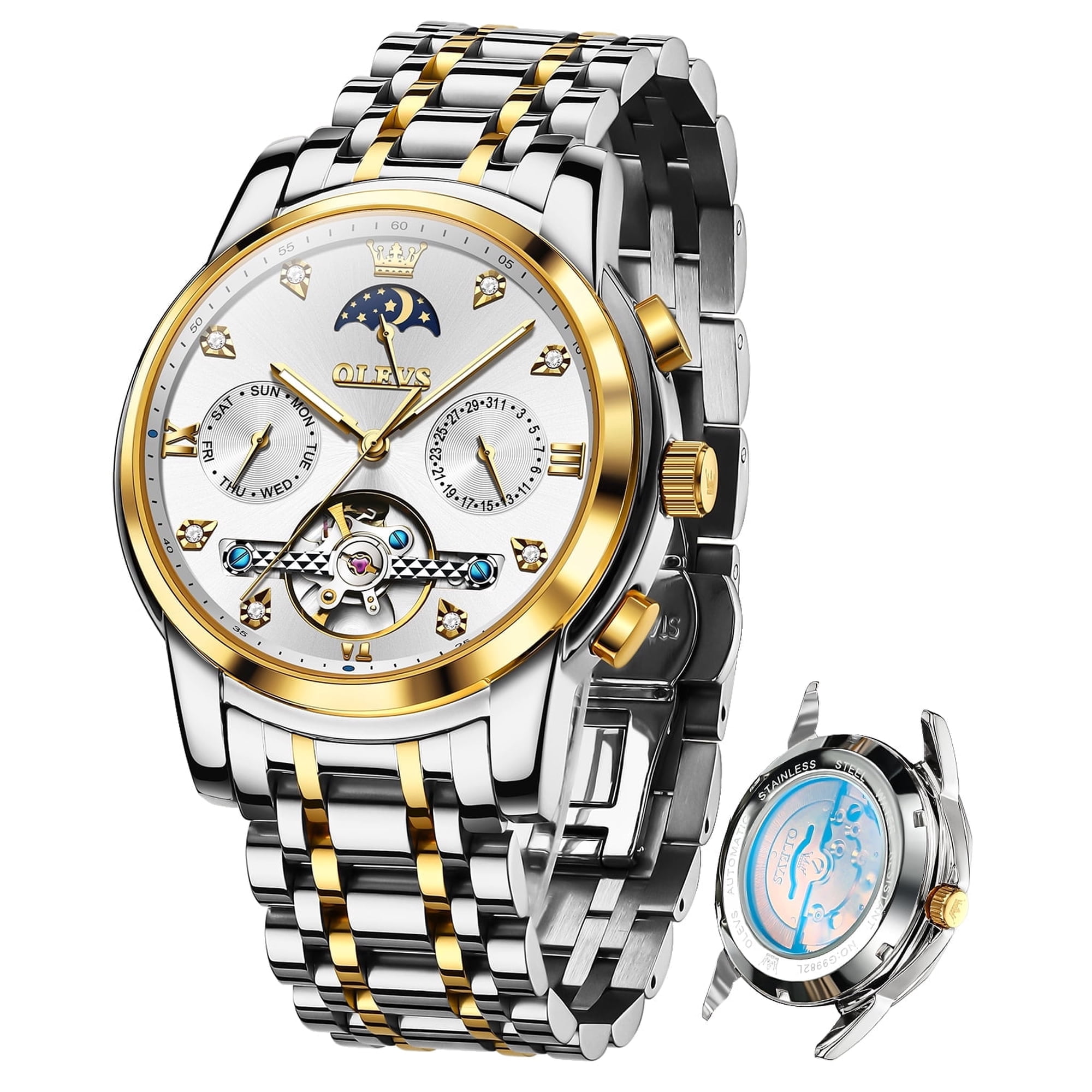 OLEVS Automatic Watches for Men Self Winding Mechanical Skeleton Flywheel Chronograph Luxury Dress Stainless Steel Diamond Moon Phase Waterproof Luminous Mens Wrist Watches Reloj Para Hombre