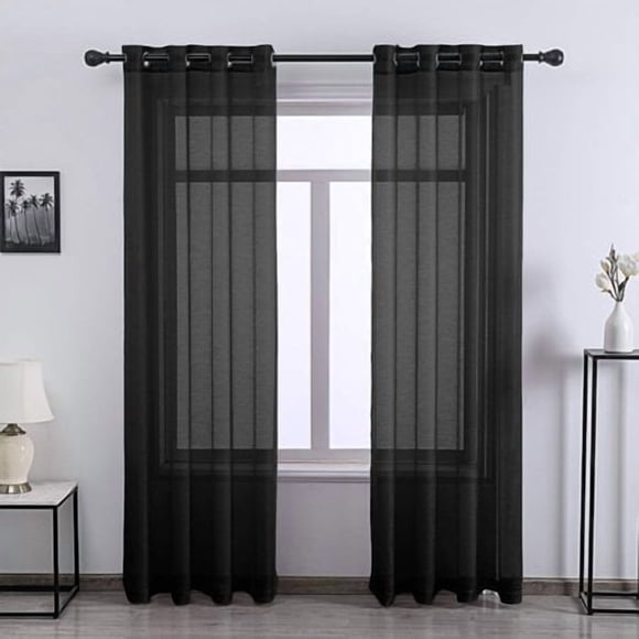 DONREN Black Textured Sheer Curtain Panels Bedroom Home Decoration Solid Voile Panels with Ring Top 52 Wide x 84 Inch Long 2 Panels