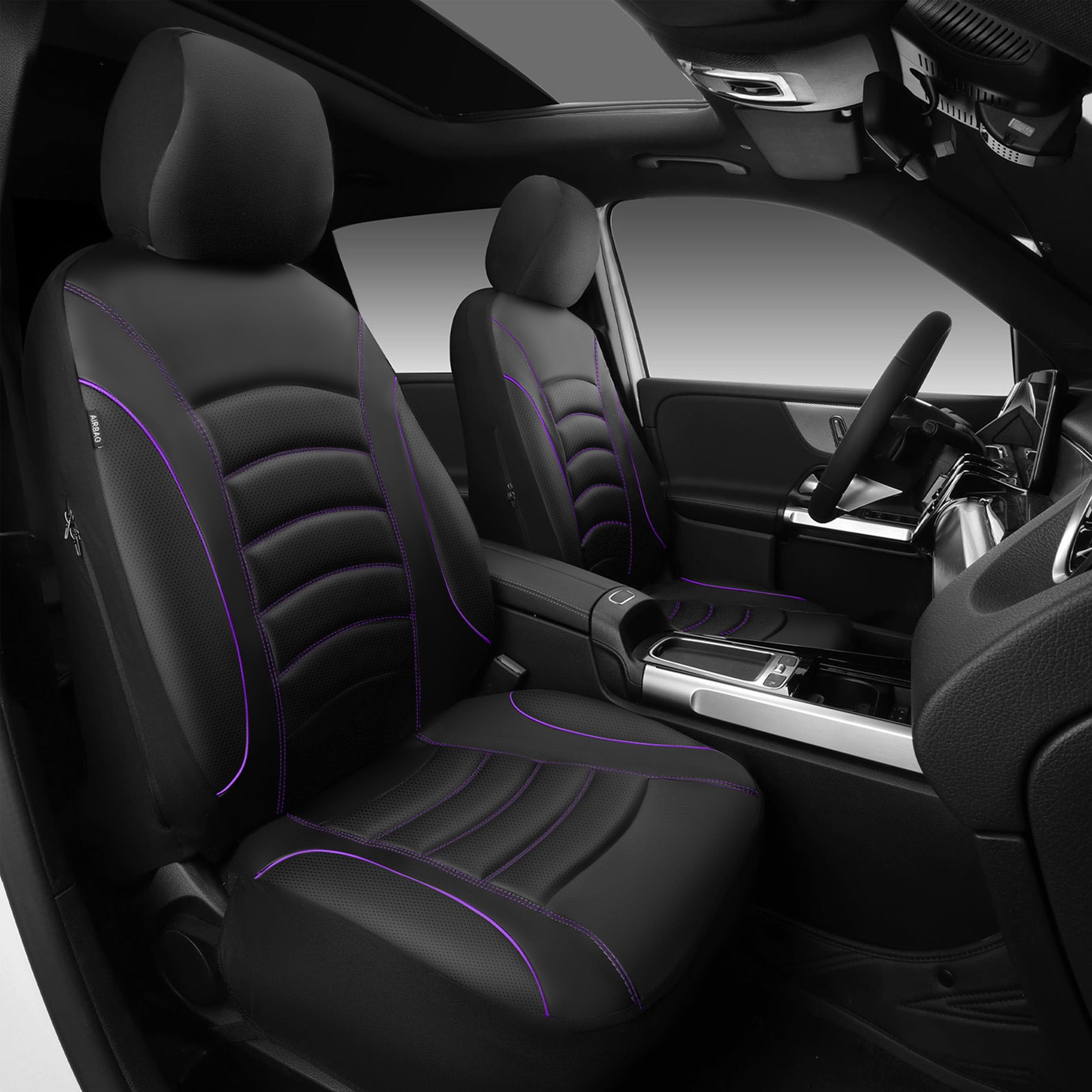 CAR GRAND PU Leather Car Seat Covers, Universal Fit Front Pair for Trucks SUV Sedan Automotive Seat Protectors Armrest Airbag Compatible Waterproof 3D Foam Comfortable Nappa Leather Purple Piping