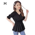 thumbnail image 1 of Camisa De Mujer Con Cuello En V Verano Color Sólido Manga Media Botones Top, Negro, M Sweethay AP001444-06, 1 of 7
